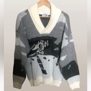 Vintage Shawl Collar Wool Blend Loose Fit Sweater Geometric Pattern Medium